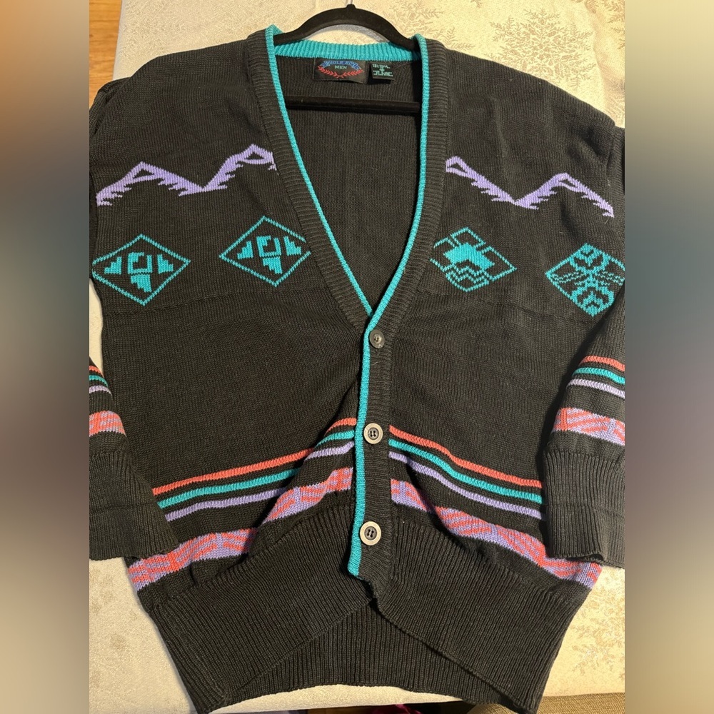 Vintage Bugle Boy Aztec Stipe Eclectic Grandpa Button Up Cardigan Purple Teal - Picture 12 of 12